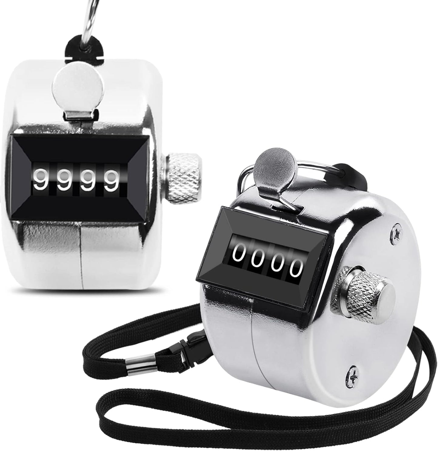 2 Pack Metal Hand Counter Four-Digit Counter with Nylon Lanyard Silver Counter Click Counter Handheld Click Counter Digital Counting