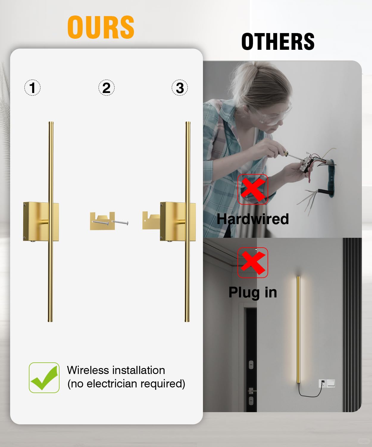 CASGAL Wall Sconce Set of Two, Battery Operated, 3000K-6500K LED, 26.6 Inch, Gold, Model 1179-Gold, 350°
