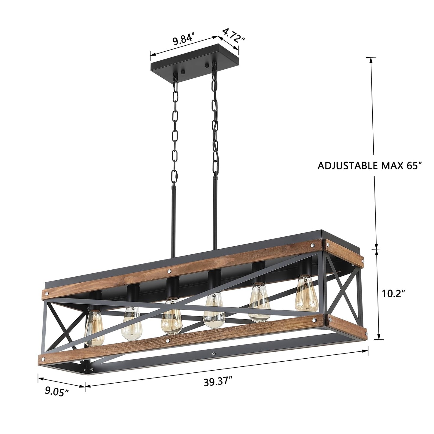 Rustic Farmhouse Wood Kitchen Island Lighting  6 Lights Rectangular Pendant Light Fixture  Adjustable Chain Oak Wood And Metal Linear Chandelier For Dining Room Kitchen Island Farmhouse  Black