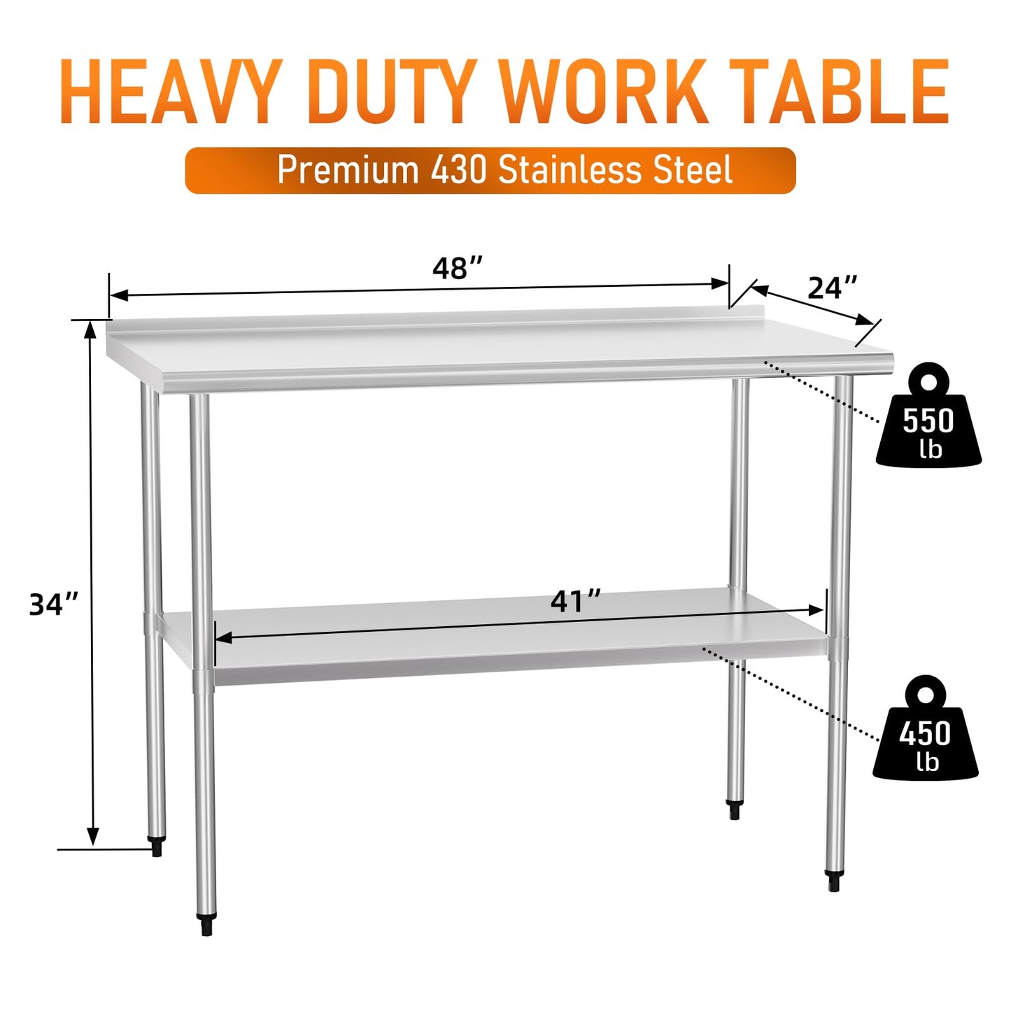 HOCCOT Stainless Steel Work Table 24" x 48" with Adjustable Undershelf and Backsplash, Commercial Workstations for Kitchen, Garage, Outdoor BBQ