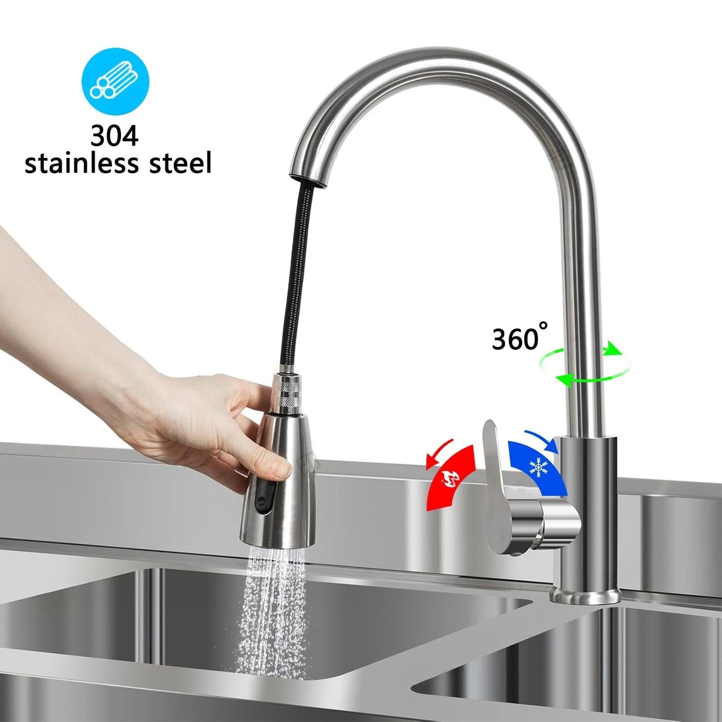 DuyviSteil 304 Stainless Steel Sink 2 Compartment Free Standing Utility Sink, Commercial Restaurant Kitchen Sink, Outdoor Sink Set w/Pull-out Faucet & Workbench with Water Pipe (47in)