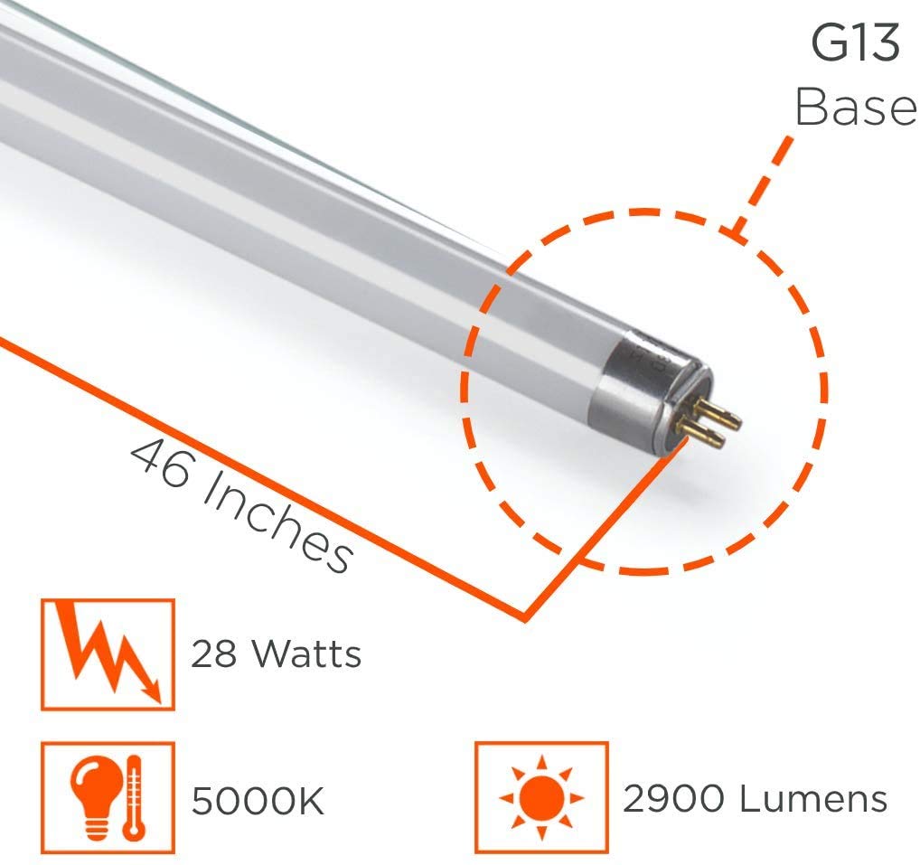 Goodbulb 28-Watt 46 Inch T5 Fluorescent Light Bulb 5000K Daylight White Color Medium Bi-Pin Base 2900 Lumens 85 Cri 36000 Life Hours Car Dealership Lighting Pack Of 40 Bulbs