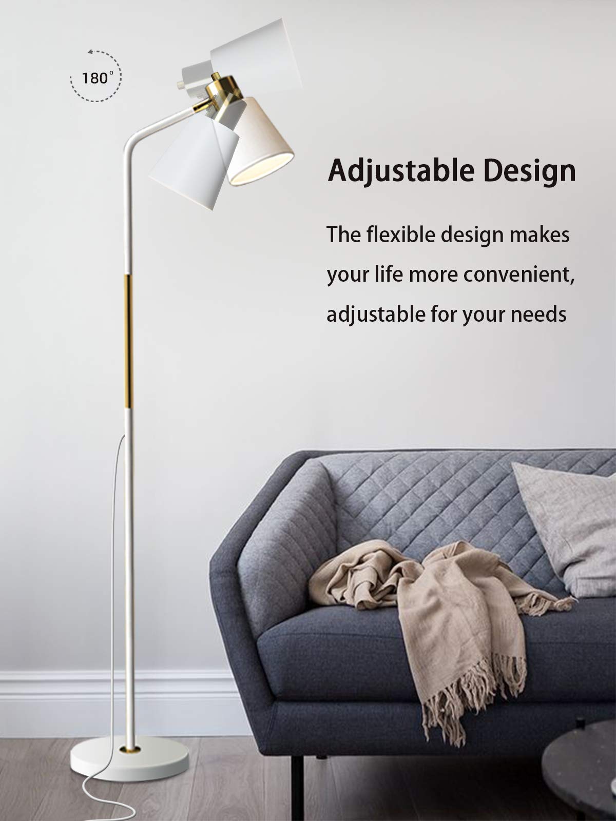 LALISU Industrial Floor Lamp - Adjustable Metal Heads, Rustic Farmhouse Style, White, Task Lighting for Living Room & Bedroom
