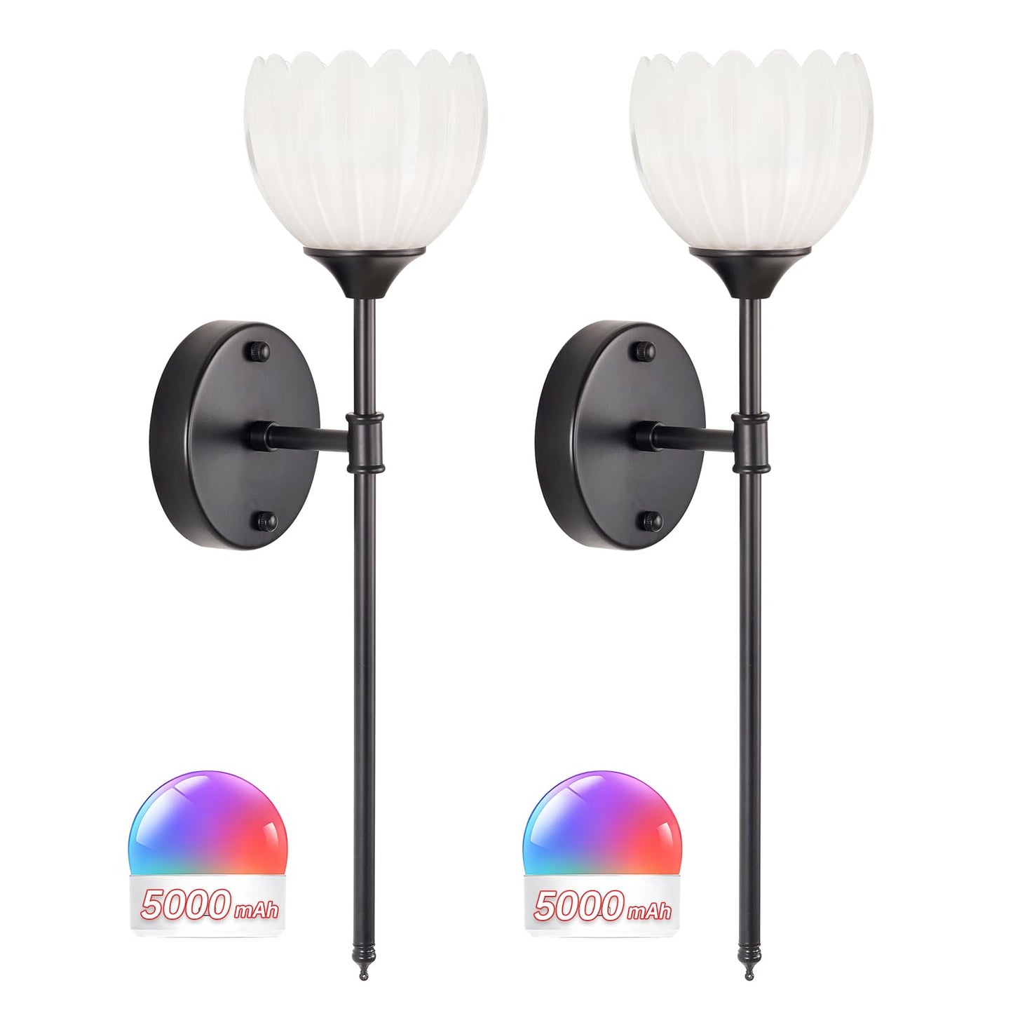 Shenmoyl Battery Operated Wall Sconce Set of 2, Vintage Glass Light Fixture, Rechargeable, Tulip White-Sceptre Black