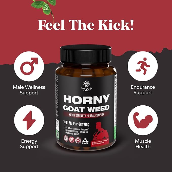 Horny Goat Weed for Men - Extra Strength Male Supplement with Black Maca Root, Tongkat Ali, Saw Palmetto & Panax Ginseng Extract for Stamina & Energy - 60 Capsules