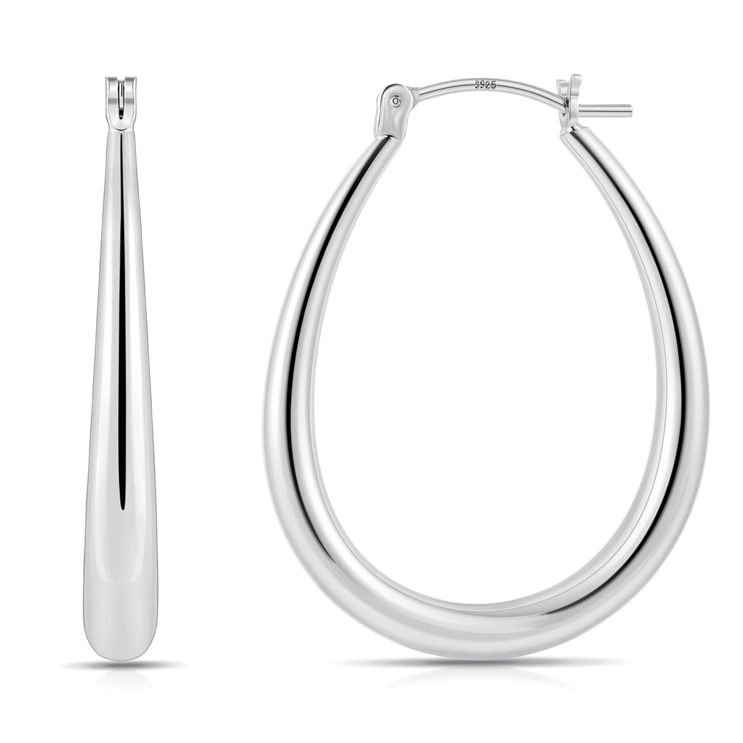 Gacimy Silver Chunky Hoop Earrings for Women, 14K White Gold Plated Oval Hoop Medium Silver Earrings with 925 Sterling Silver Po