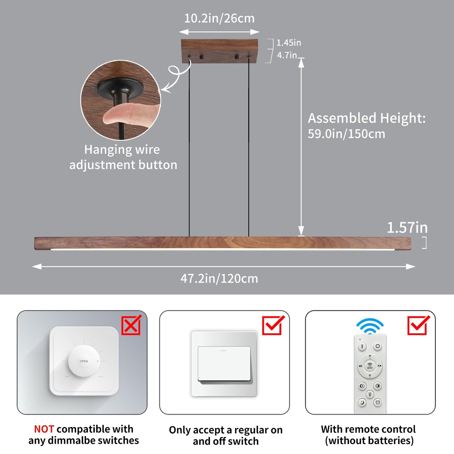 Modern Wooden Pendant Light  47In Walnut Wooden Chandelier With Remote Control 3000K-6500K Adjustable Color Temperature Aluminum Island Lighting Lamp For Dining Room  Living Room B