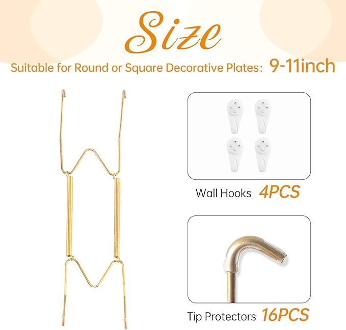 4 Pack Plate Hangers for The Wall, Suitable for 9-11 inch Art Plate, Stainless Steel Invisible Heavy Duty Wire Plate Holder with Wall Hooks, Plate Hangers for Displaying Plates, Platter, Dish, Gold