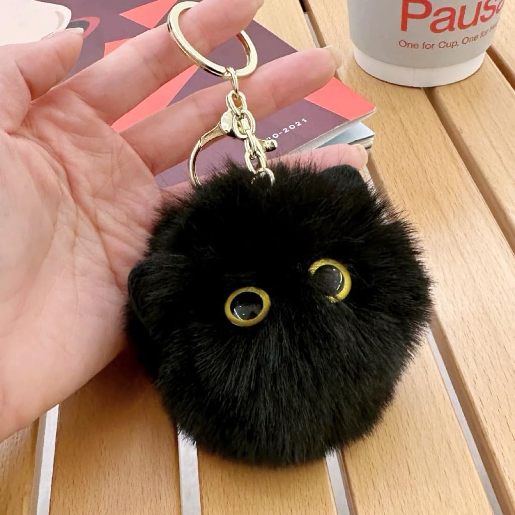 TVRTFQ Cute Cat Head Plush Keychains Black Cat Pom Pom Keychain Creative Animal Car Keychain Mini Cartoon Kawaii Backpack Pendant Birthday Fashion Gift for Women (1, Black)