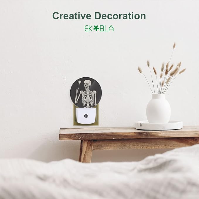EKOBLA Funny Skull Night Light Human Skeleton Posing Rock Music Pose Black White Night Lights Plug into Wall Auto on/Off Led Lamp for Boys Girls Men Women Halloween Holiday Gifts