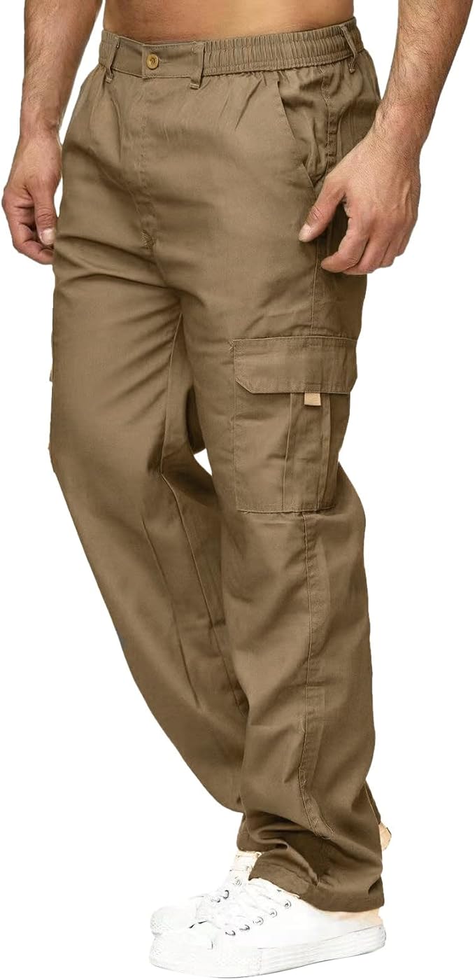 Men Relaxed Fit Cargo Pants Drawstring Elastic Waisted Relaxed Fit Sports Pants Casual Joggers Outdoor Trousers with Pockets
