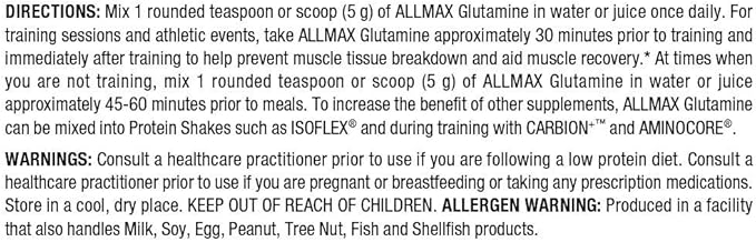 ALLMAX Nutrition L - Glutamine Powder, Muscle Recovery Formula, Gluten Free, Vegan, 1000 Grams