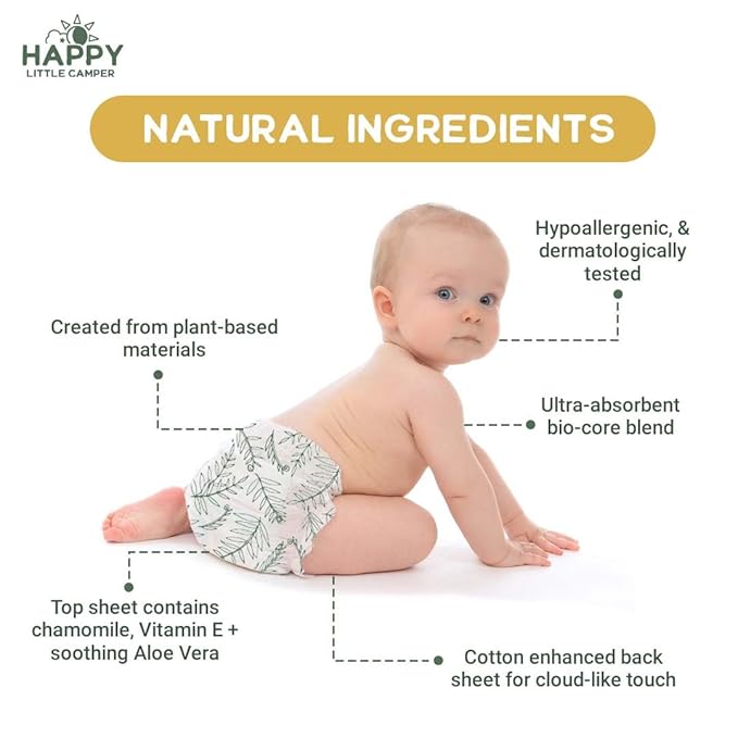 Happy Little Camper Ultra-Absorbent Natural Baby Diapers Size 1 - Hypoallergenic & Chlorine-Free Disposable Diaper Safe for Sensitive Skin - Unscented Newborn Diapers - 36 Count