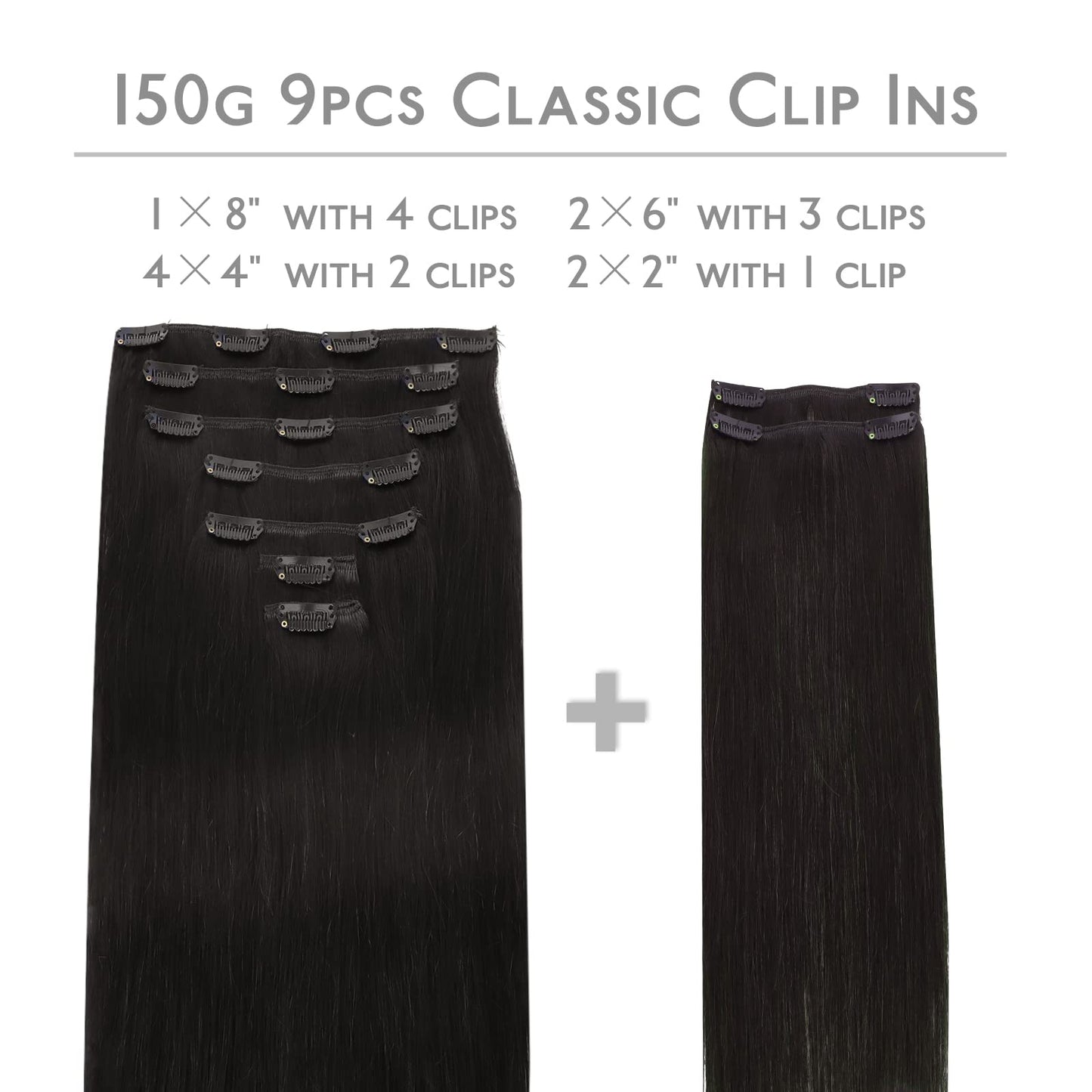 WENNALIFE Clip in Hair Extensions Real Human Hair, 150g 18 Inch 9pcs Natural Black Remy Hair Thicker Double Weft Extensiones De