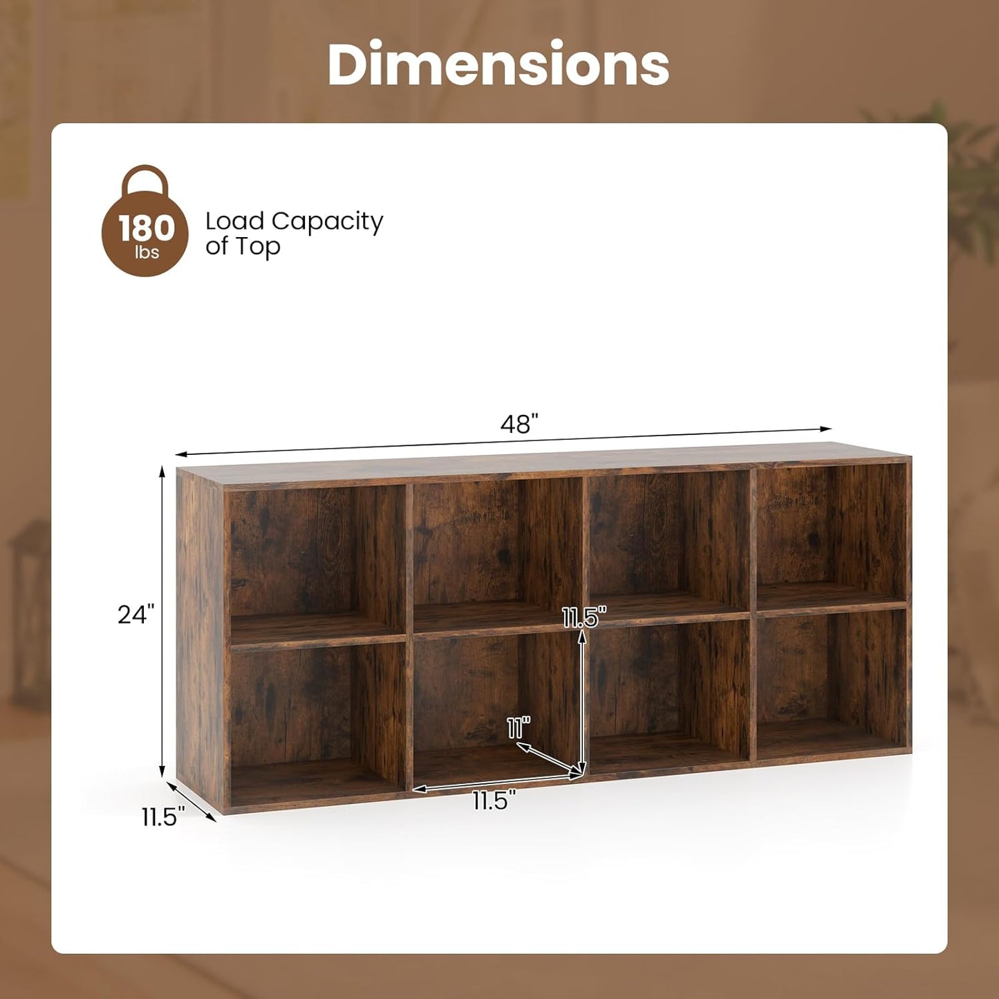 Giantex 8-Cube Bookcase, Floor Standing Bookshelf with Storage & 2 Anti-Tipping Kits, Open Storage Organizer, Cubby Wooden Book Shelf for Living Room, Study & Bedroom, Rustic Brown