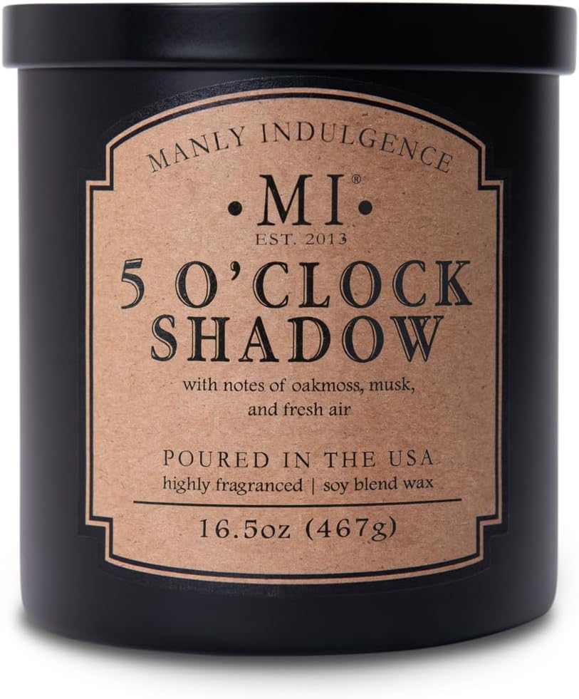 Manly Indulgence 5 O'Clock Shadow Scented Candle for Men 16.5 oz | 2 Wick & 2X Intense Fragrance | Oakmoss, Musk & Fresh Air | Up to 60 Hour Burn, Soy Blend Wax, USA Poured, Black