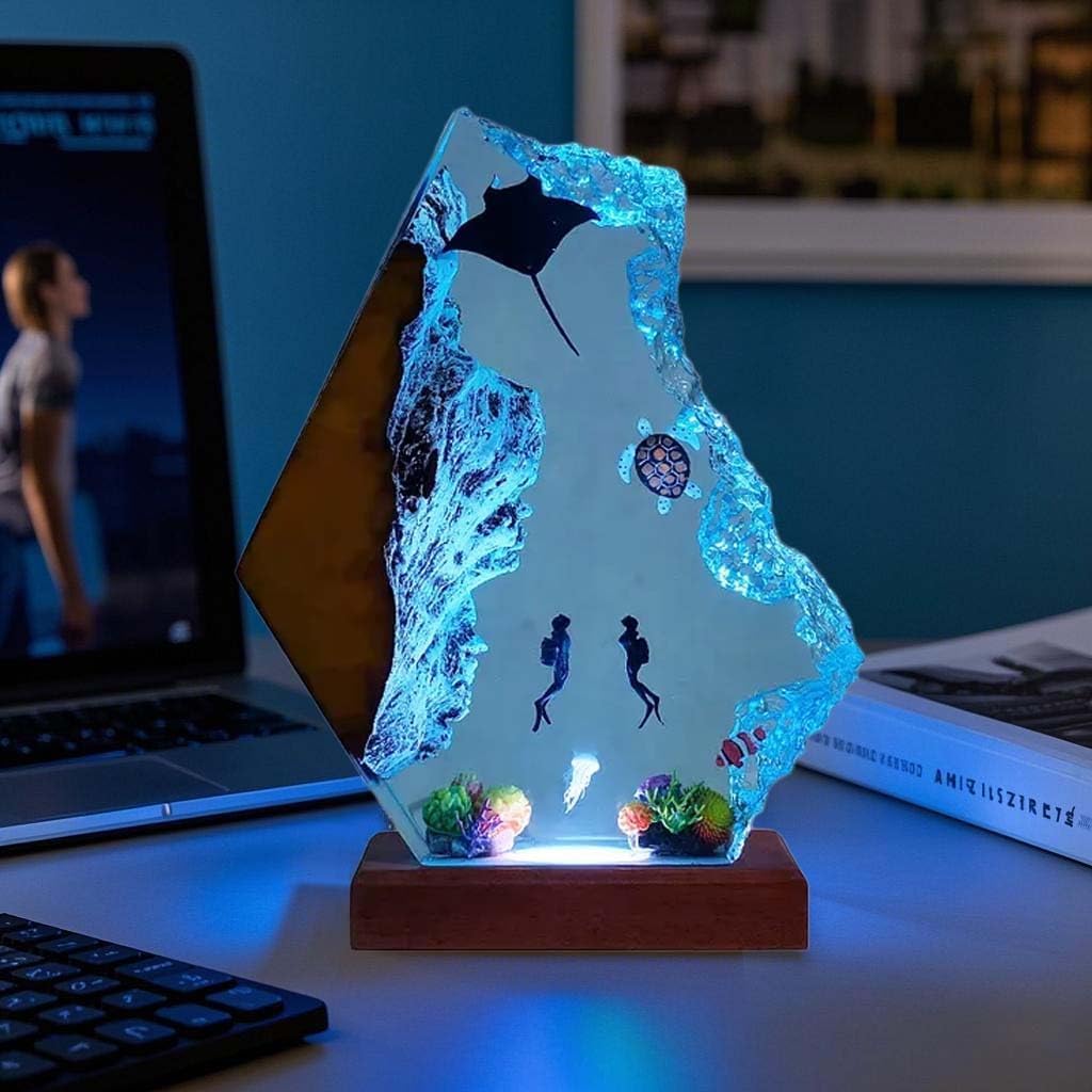 Nice Hera Handmade 3D Ocean Resin Lamp - Usb Powered Resin Ocean Night Light With Wooden Base  Variable Lights  Scuba Diver Gifts  Bedroom Decor  Unique Gifts For MotherS FatherS Birthday