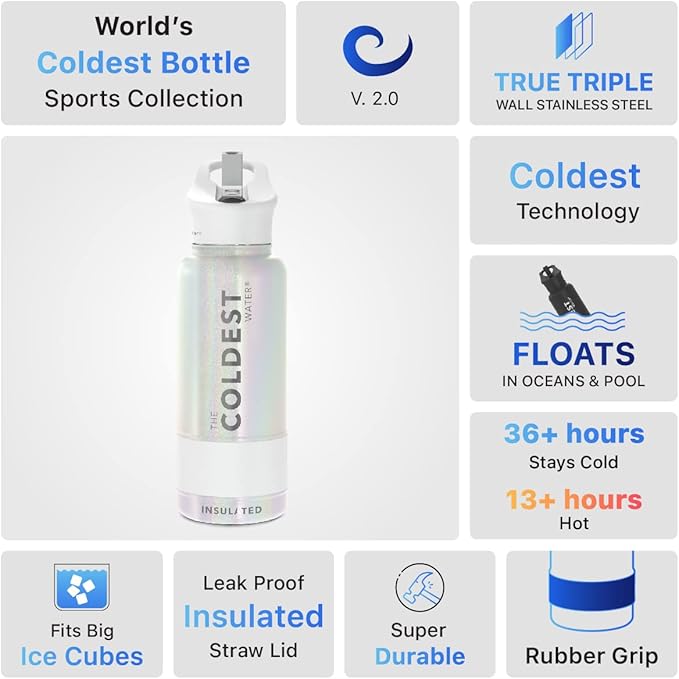 Coldest Sports Water Bottle with Straw Lid Vacuum Insulated Stainless Steel Metal Thermos Bottles Reusable Leak Proof Flask for Sports Gym(32 oz, Cosmic Ice Glitter)