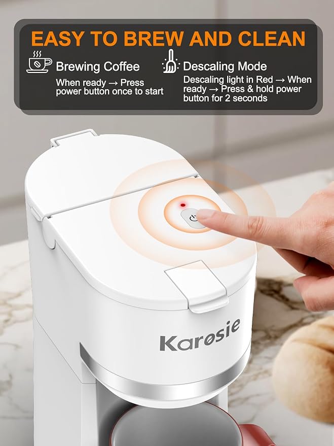 Single Serve Coffee Maker for K-Cup and Ground Coffee, Fast Brew, 6-12 oz Brew Sizes One Cup Coffee Machine Fits 5.5" Mugs, One-Button Small Coffee Maker with Descaling Reminder,White