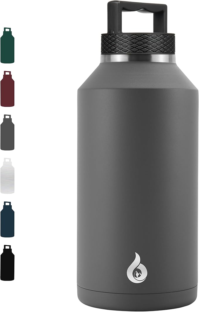 BJPKPK Half Gallon Water Bottle Insulated, Dishwasher Safe 64 oz Water Bottle with Handle, Leakproof BPA Free Thermal Flasks, Large Stainless Steel Jug for Sports, Grey