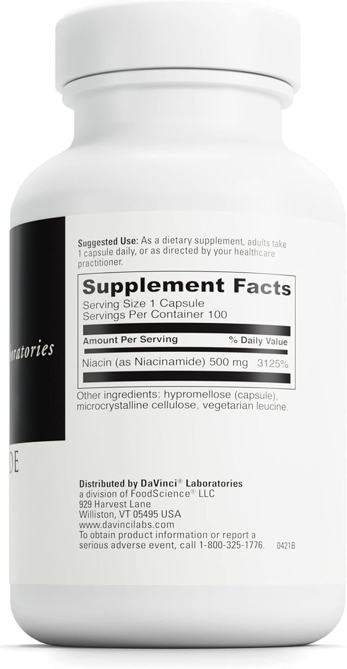 Davinci Labs Niacinamide - Dietary Supplement with Vitamin B3 to Support Circulation and Healthy Skin* - with 500 mg Niacinamide per Serving - Gluten-Free - 100 Vegetarian Capsules