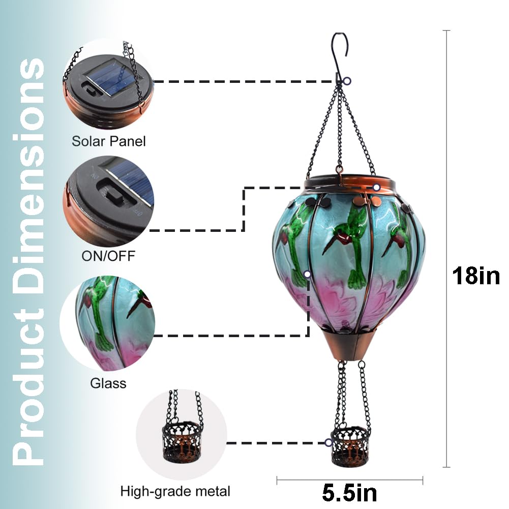 teyigarden Hot Air Balloon Solar Lantern, Flickering Flame, Glass, 18in H ? 5.5in W, Hummingbird, Model SL-6069082024