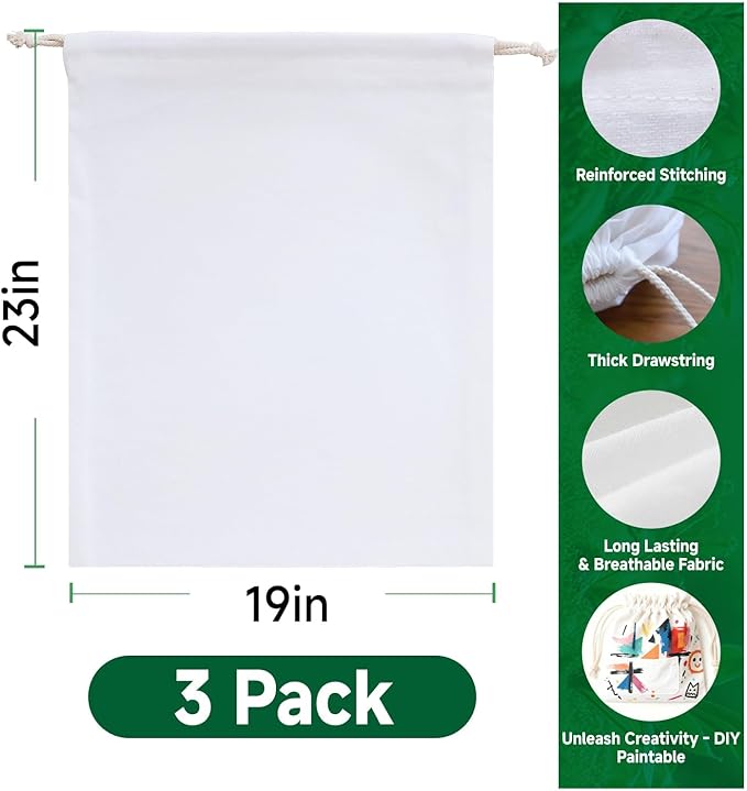 Simple&Opulence 3-Pack 19” x 23” Linen Cotton Drawstring Bags Reusable Grocery Sacks, DIY Craft Sachet Sacks Storage Cloth Bags for Party Wedding Home Bulk Produce Bags, Washable, White