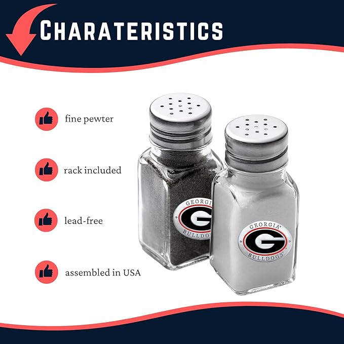 Heritage Pewter University of Georgia Bulldogs Salt and Pepper Shaker Set of 2 Bottles | Expertly Crafted Pewter Glass