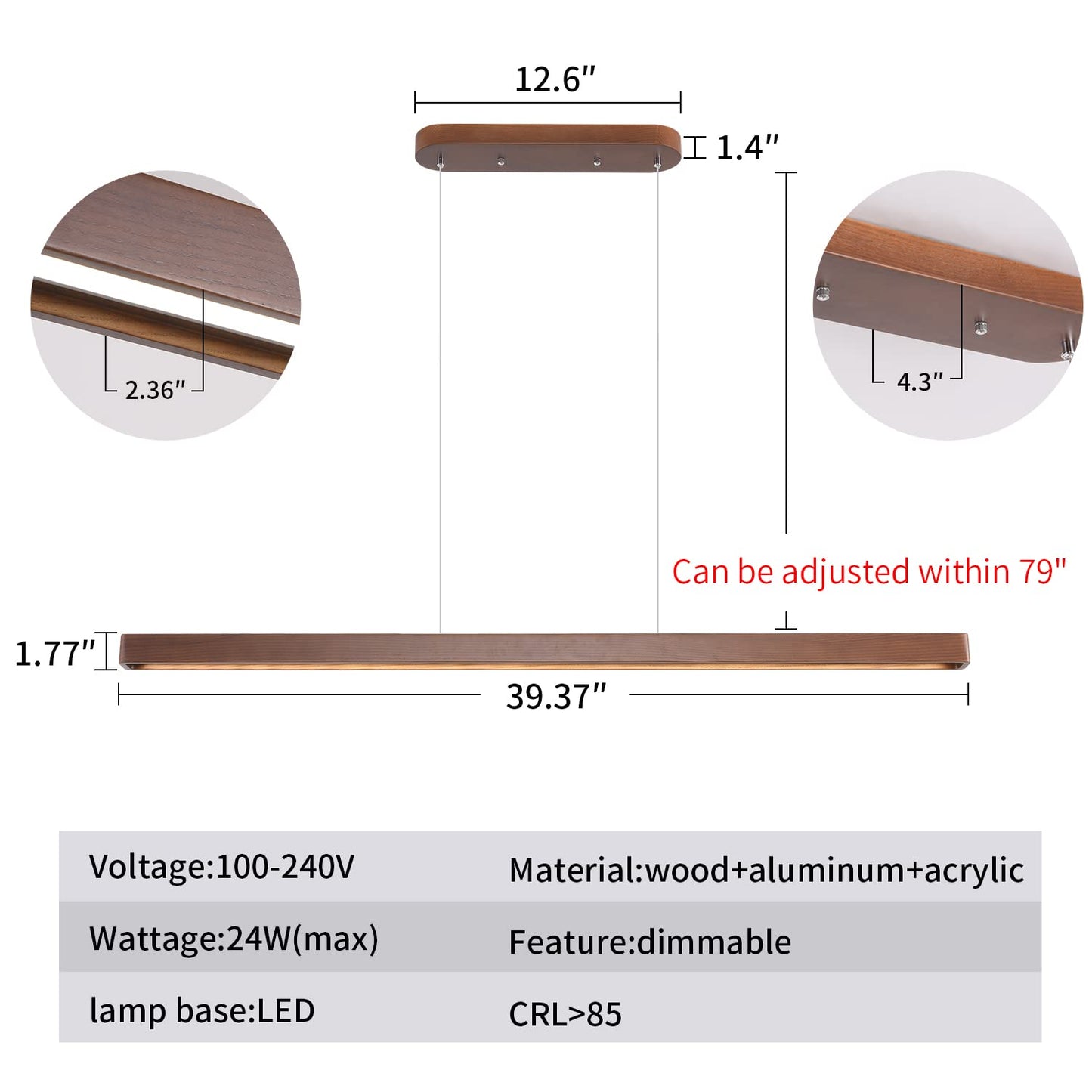 Yisdesign 39 Wood Linear Pendant Light Fixturedimmable Led Kitchen Island Lighting With Remote  Adjustable Hanging Chandelier For Dining Room Bar Pool Table 36W Modern Farmhouse Fixture Walnut Color
