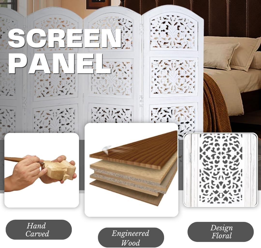 Room Divider Wood Screen Panel – White, 4-Panel Folding 64"x48", Hand-Carved, Reversible Privacy Partition, Decorative & Functional Portable Room Divider for Home or Office