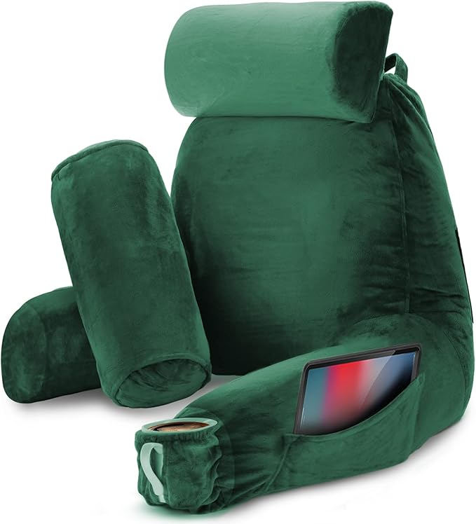 Nestl Reading Pillow Large Bed Pillow, Back Pillow for Sitting in Bed Shredded Memory Foam Chair Pillow, Reading & Bed Rest Pillows Dark Green Back Pillow for Bed, Bed Chair Arm Pillow with Pockets