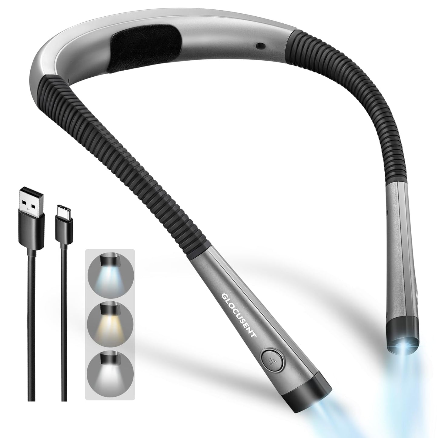 Glocusent Book Light, Rechargeable, 3-Color, 6-Brightness, Bendable Neck, Medium Size, Gray, Model GLCSNTBL001