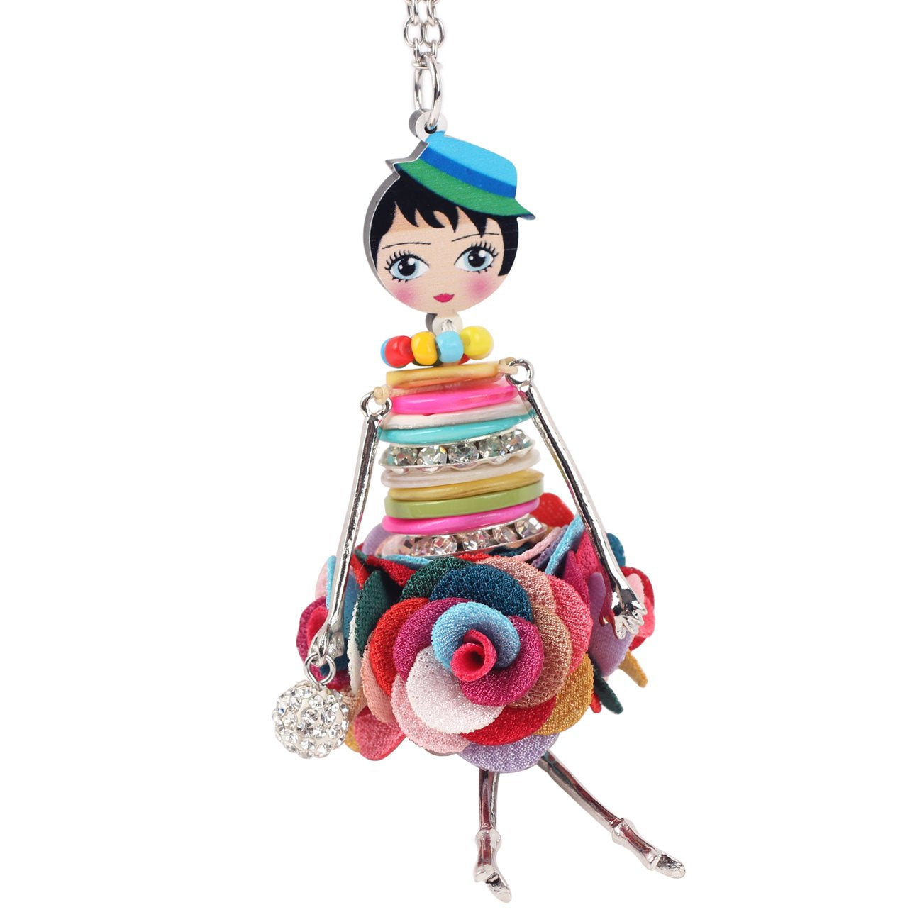 BONSNY Paris Doll Necklace Dress Handmade Pendant News Alloy Metal Crystal Flower Long Chain Fashion Jewelry