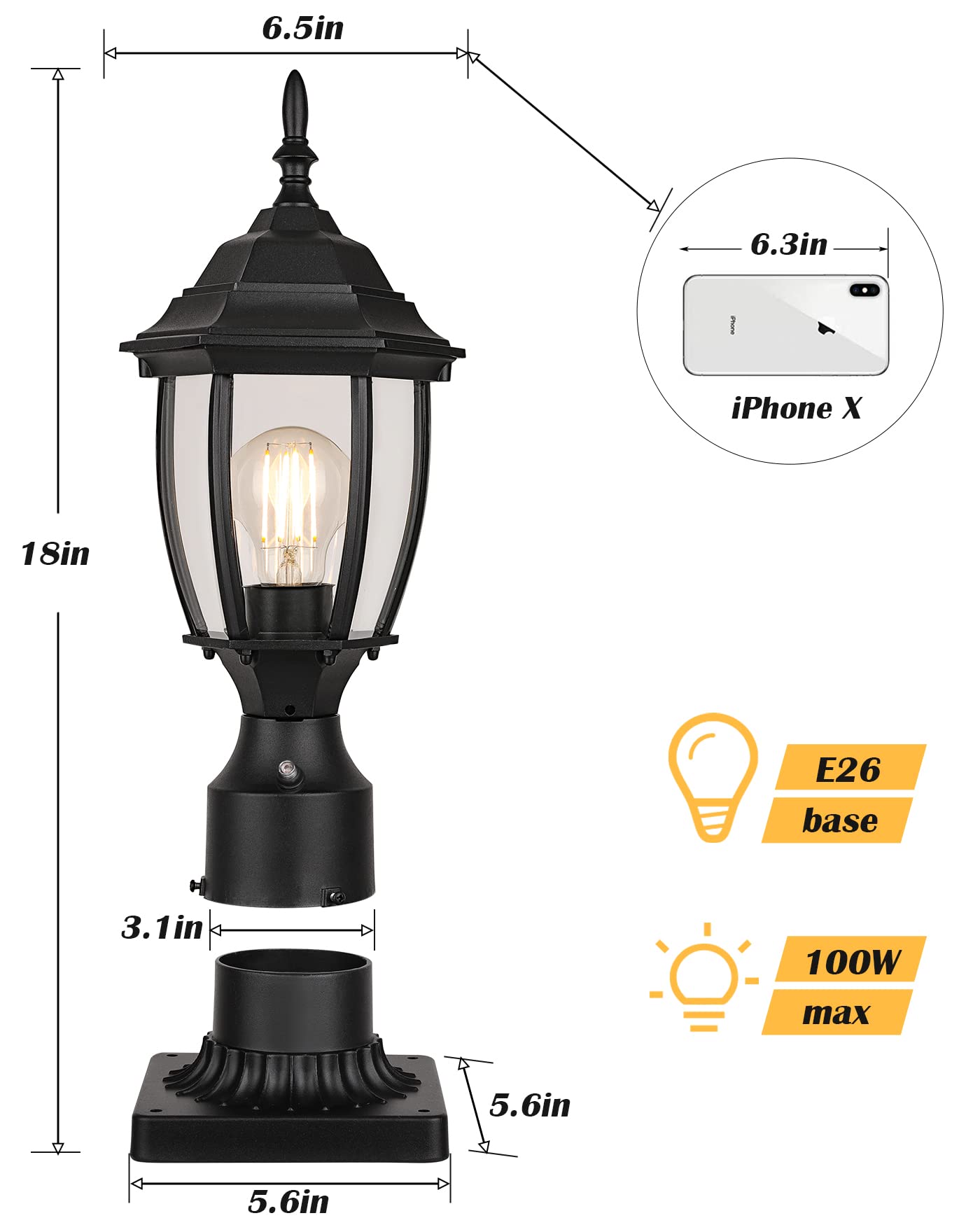 PARTPHONER Outdoor Post Light, 120V Waterproof Aluminum Fixture, 2 Pack, Black Mini, Model PL1159S2P, Clear Glass Lantern for Garden Pathway