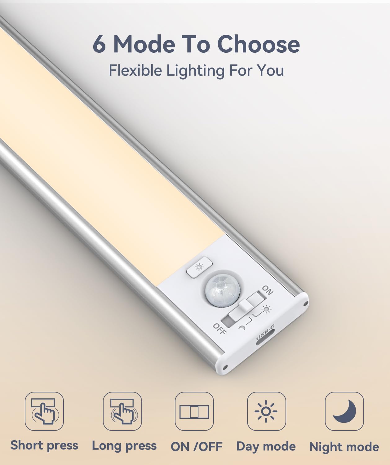 DiDiSky Under Cabinet LED Motion Sensor Light, 8 inch, Warm Light, Model GLS-C001, USB Rechargeable, Battery Operated, 2 Pack