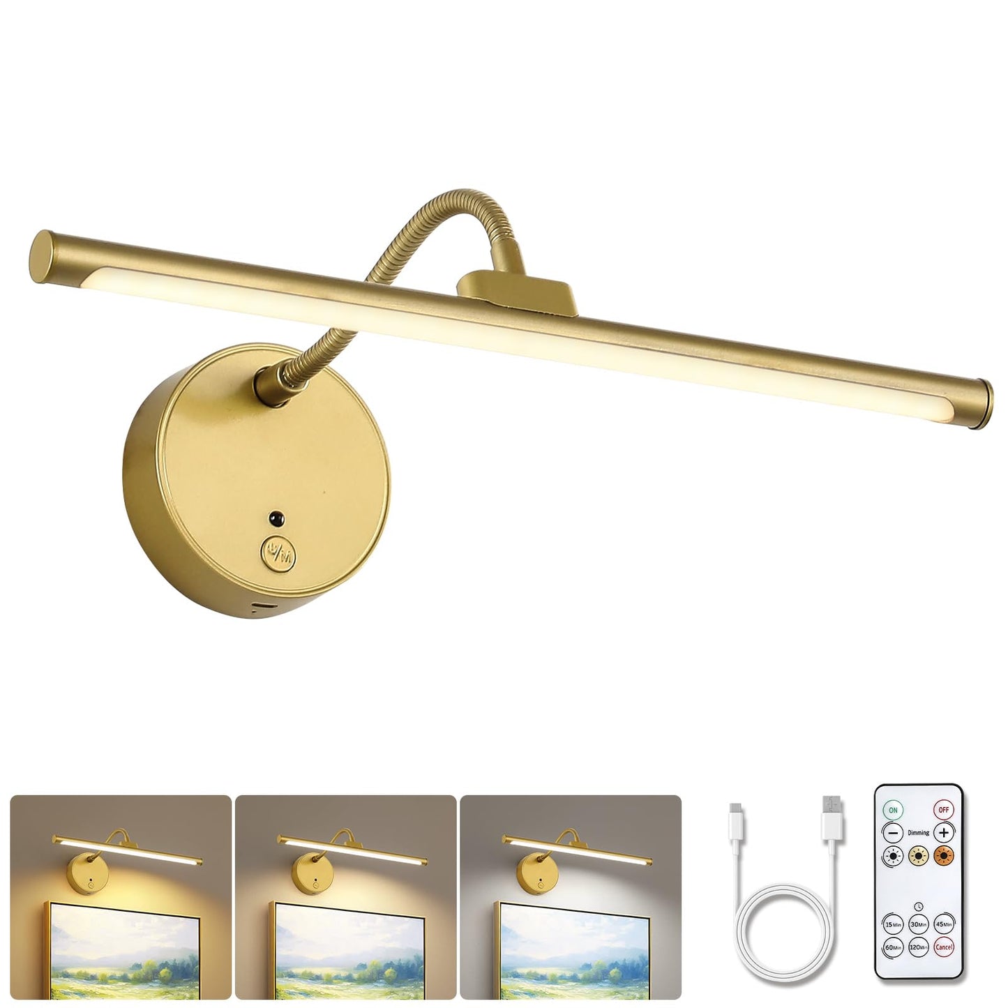 Picture Lights For Wall - Wireless Rechargeable Led Light With Remote  Adjustable Arm  Gold Battery Operated Display Lighting For discomfort-reducingtings  Bedroom  Gallery Wall D?Cor (Gold  12.6 Inch - 1Pack)