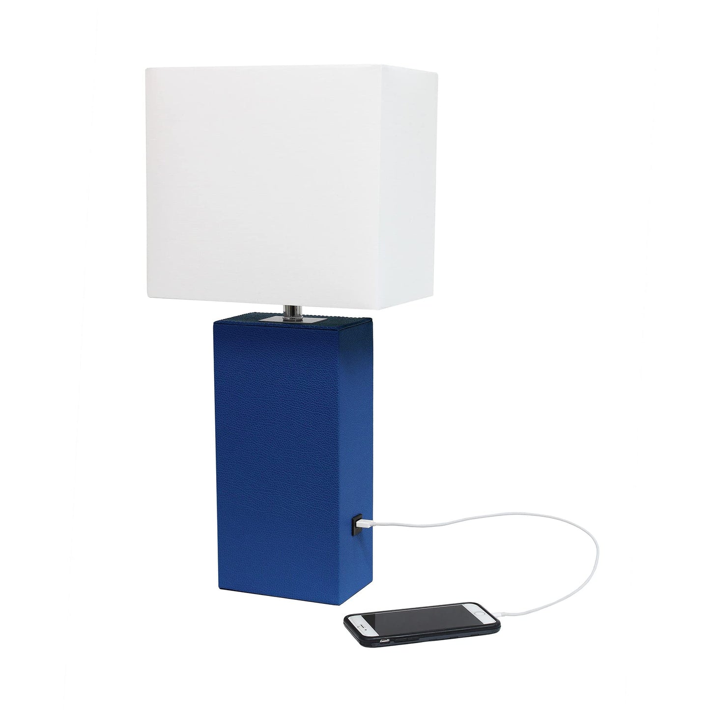 Lalia Home Lexington 21 Blue Leather Base Bedside Table Lamp With Usb Charging Port, Modern Décor For Living Room, Bedroom, Office