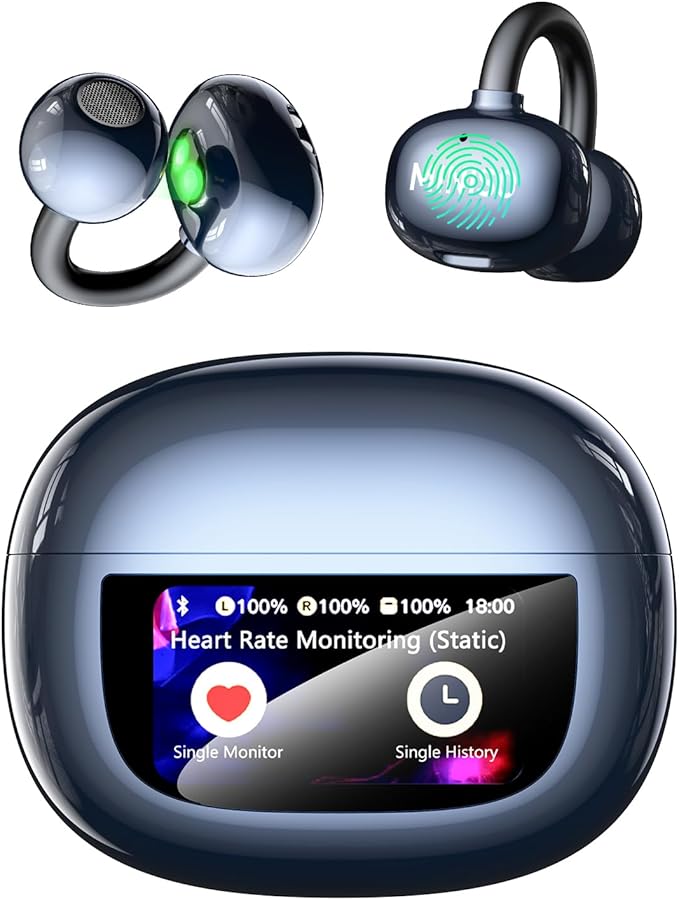MINISO Clip On Earbuds Open Ear Earbuds Wireless Bluetooth 5.4 Headphones Heart Rate Monitor, Noise Cancelling, IPX5, LCD ...