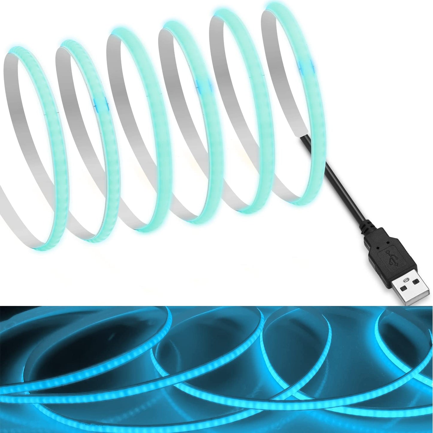 Mdee?Usb Cob Tape Light Led Strip 1.64Ft/0.5M- Flexible 5Mm Hidden Dc 5V Led Tape With 320 Leds/M For Lightblue Lighting. Cuttable  Shapeable  Usb Powered. Ideal For Kitchen