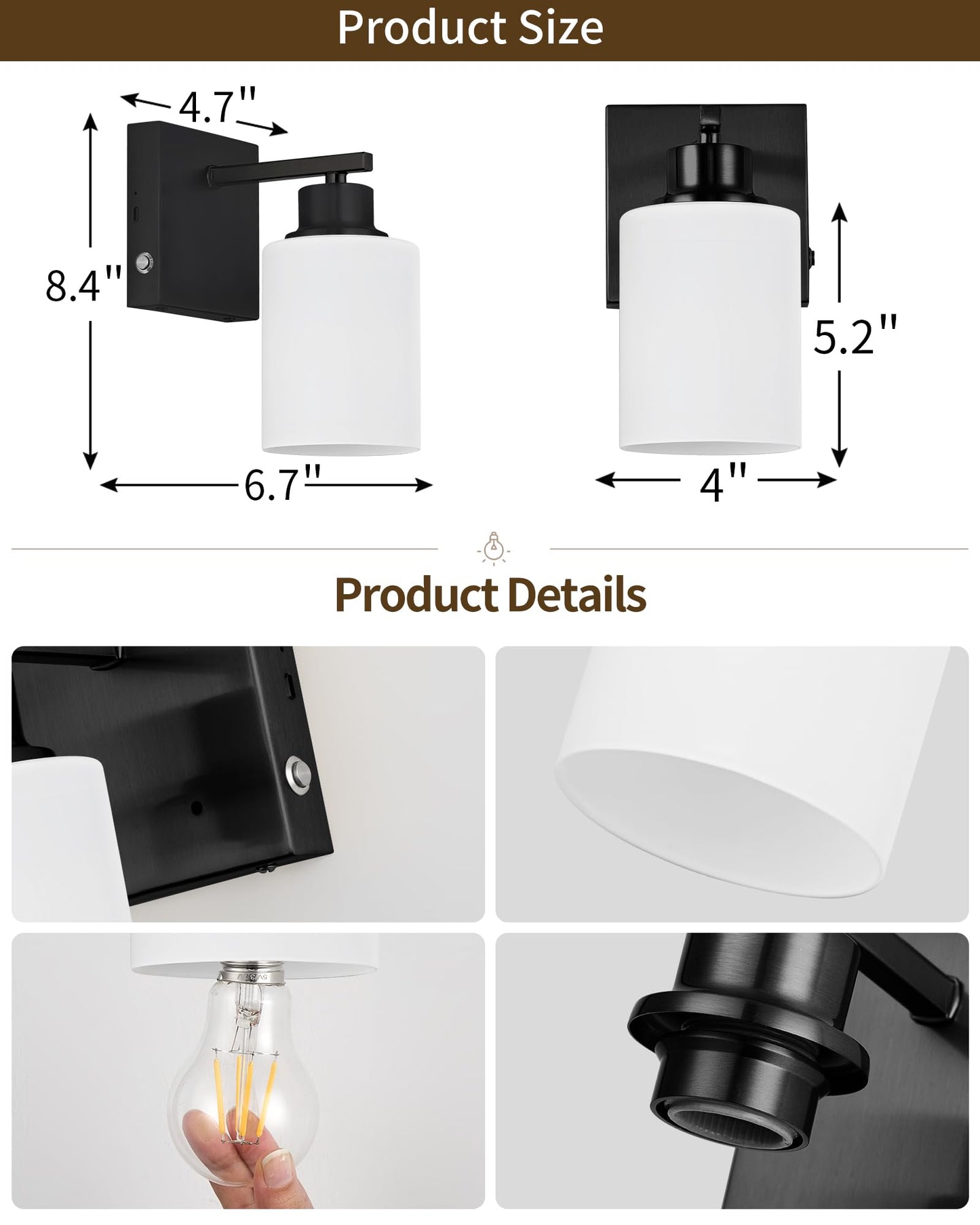 Rayogale Wireless Rechargeable Battery Wall Sconce Set of Two, Dimmable, Touch Control, USB-C Charging, Black with White Lampshade, Model WL-7112