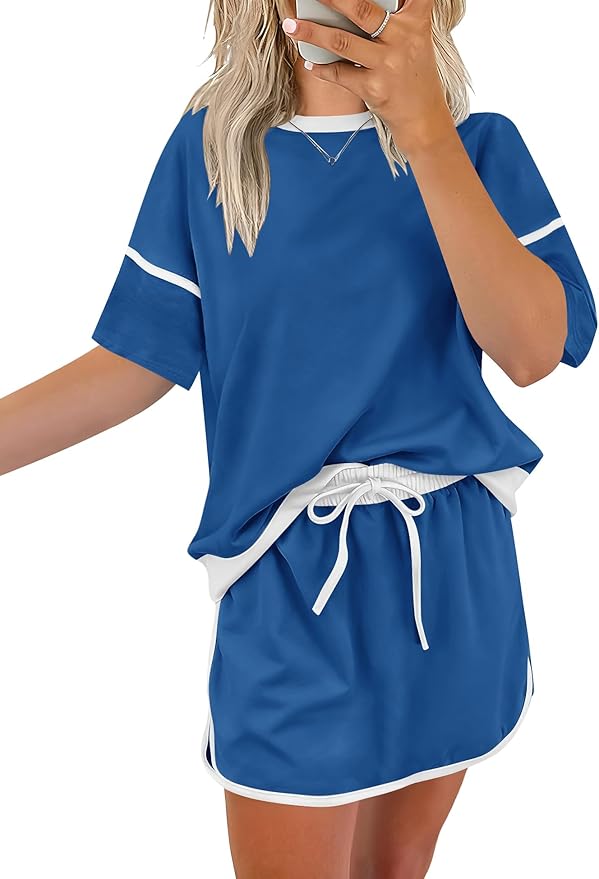 Rapbin Women's 2 Piece Sets Summer Casual Short Sleeve Tops Matching Drawstring Mini Skirt Going Out Lounge Outfits