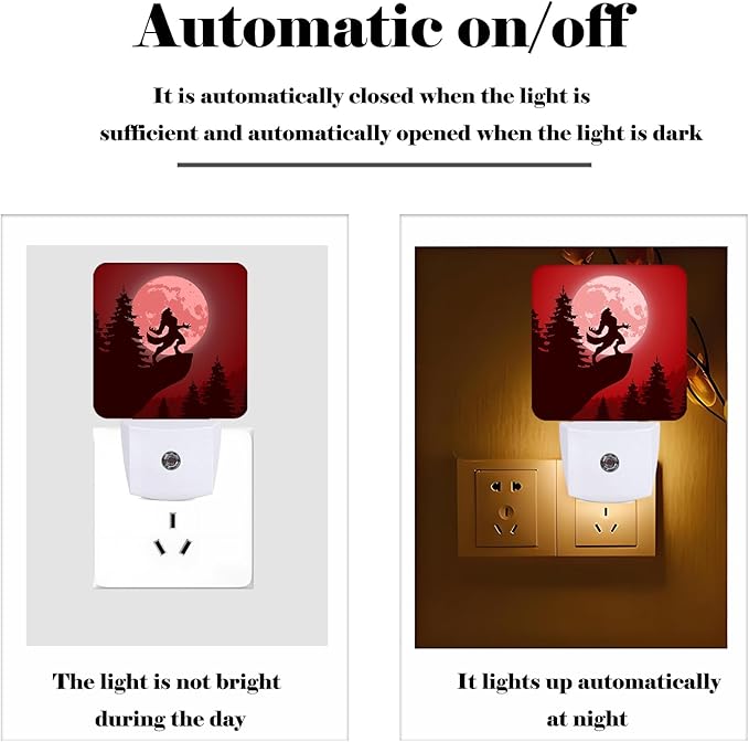 Blood Moon and Werewolves Night Light,Plug-in Night Lights with Dusk-to-Dawn Sensor for Stairway,Hallway,Bedroom Sleep Friendly Ideal for Women/Girls/Boys Gift,0.5w