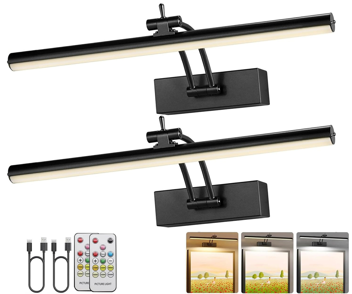 Yuichoy 2 Pack Picture Lights For Wall Battery Operated  12 Inch Wireless Art Lighting For discomfort-reducingting  6 Colors Picture Frame Lights With Remote  Dimmable 4200Mah Gallery Light  Black