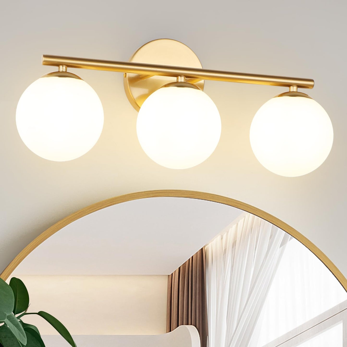 Foucasal Globe Bathroom Light Fixtures 3-Light Brass Gold Vanity Light With Plastic Milk White Globe Shades 11.81 Inch Wall Sconce Lighting Over Mirror  Vanity Lights For Bathroom Bedroom Hallway