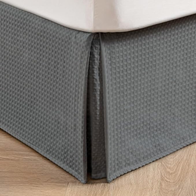 MIYE Pleated Waffle Weave Bed Skirt, Tailored Dust Ruffle 22 Inch Drop Easy Fit, Machine Washable (Dark Grey, King - 22" Drop)