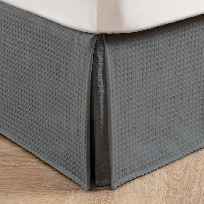 MIYE Pleated Waffle Weave Bed Skirt, Tailored Dust Ruffle 22 Inch Drop Easy Fit, Machine Washable (Dark Grey, Queen - 22" Drop)