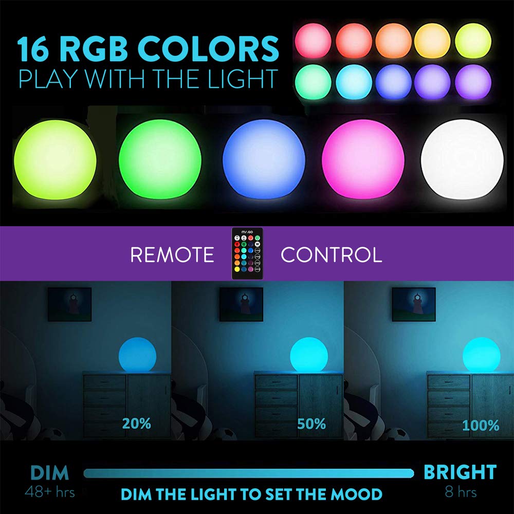 Mr.Go LED Glowing Ball Light Orb Globe Lamp, 16in Waterproof, Rechargeable, 16 RGB Colors, Model CQ-B206, Indoor/Outdoor Use