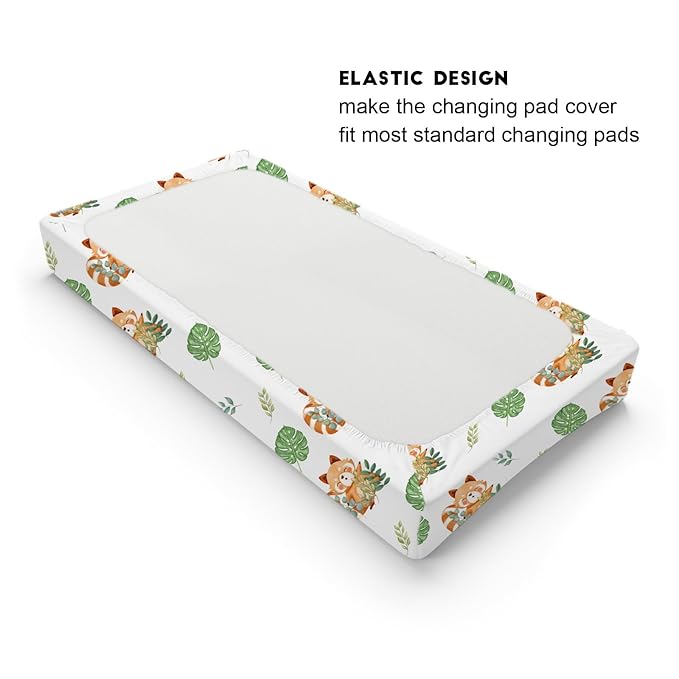 Cartoon Panda Tropical Leaves Changing Pad Cover Cute Panda Boho Leaf Unisex Diaper Change Table Sheets for Boy Girl Animal Wildlife Soft Stretchy Snug Fitted Diaper Changing Pad Cover Mats 32''x16''