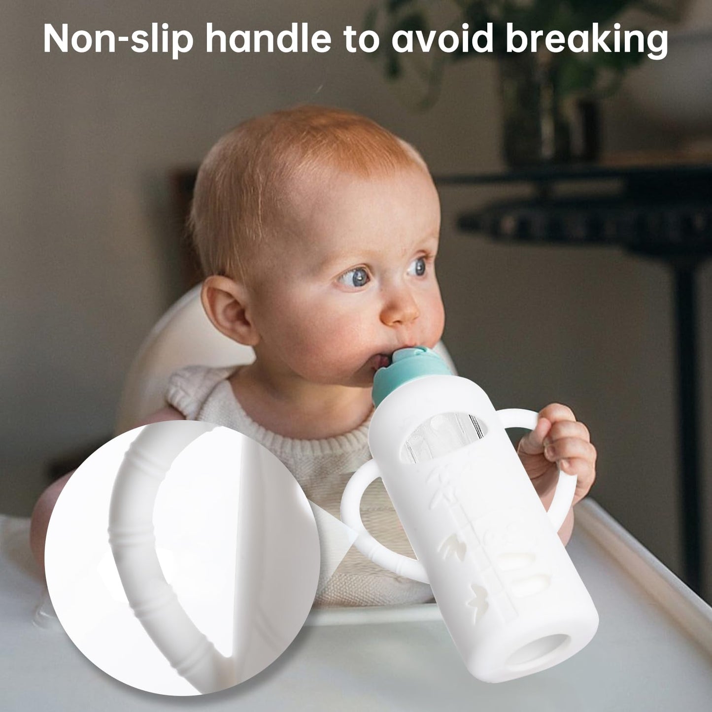 Silicone Sleeve Compatible with Evenflo 8oz Glass Bottle, Baby Bottle Silicone Sleeve with Antislip Handle and Thermal Insulation, White