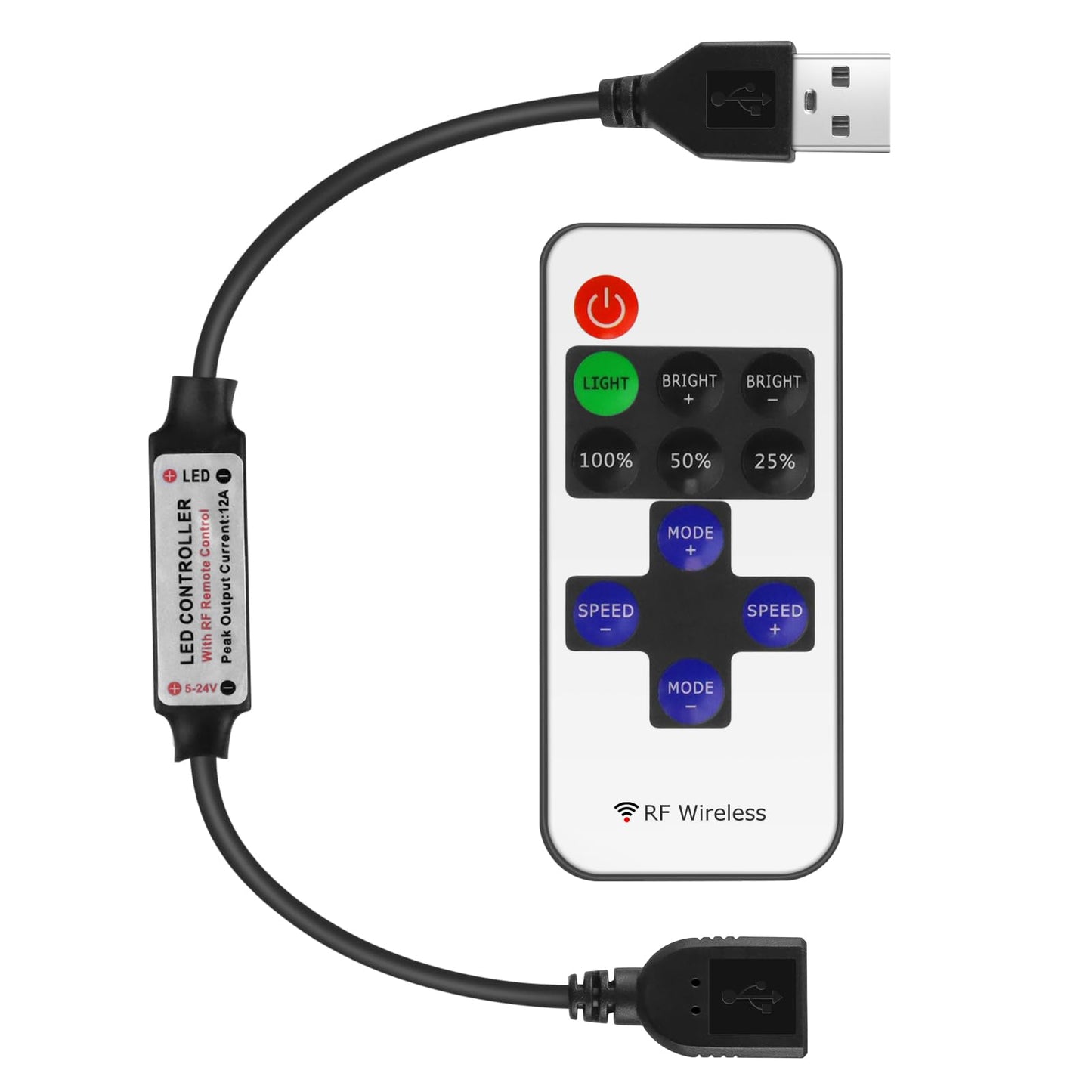 LEDLightsWorld RF Mini Wireless Remote Controller for USB LED Strips, Model DC-RF-USB-US, 1 Pack, USB to USB